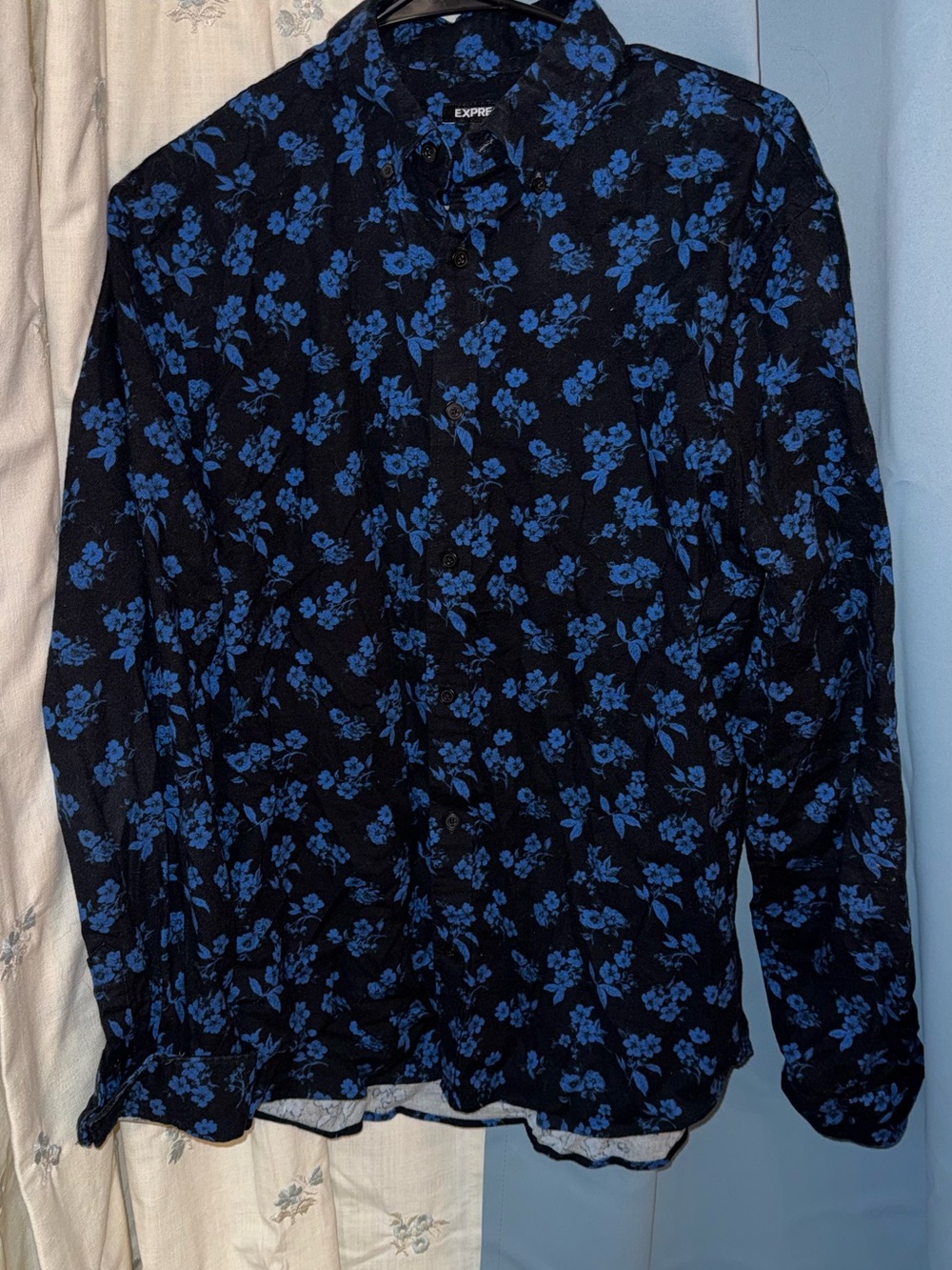 Express Men’s Black Shirt Jacket with Blue Floral Print
